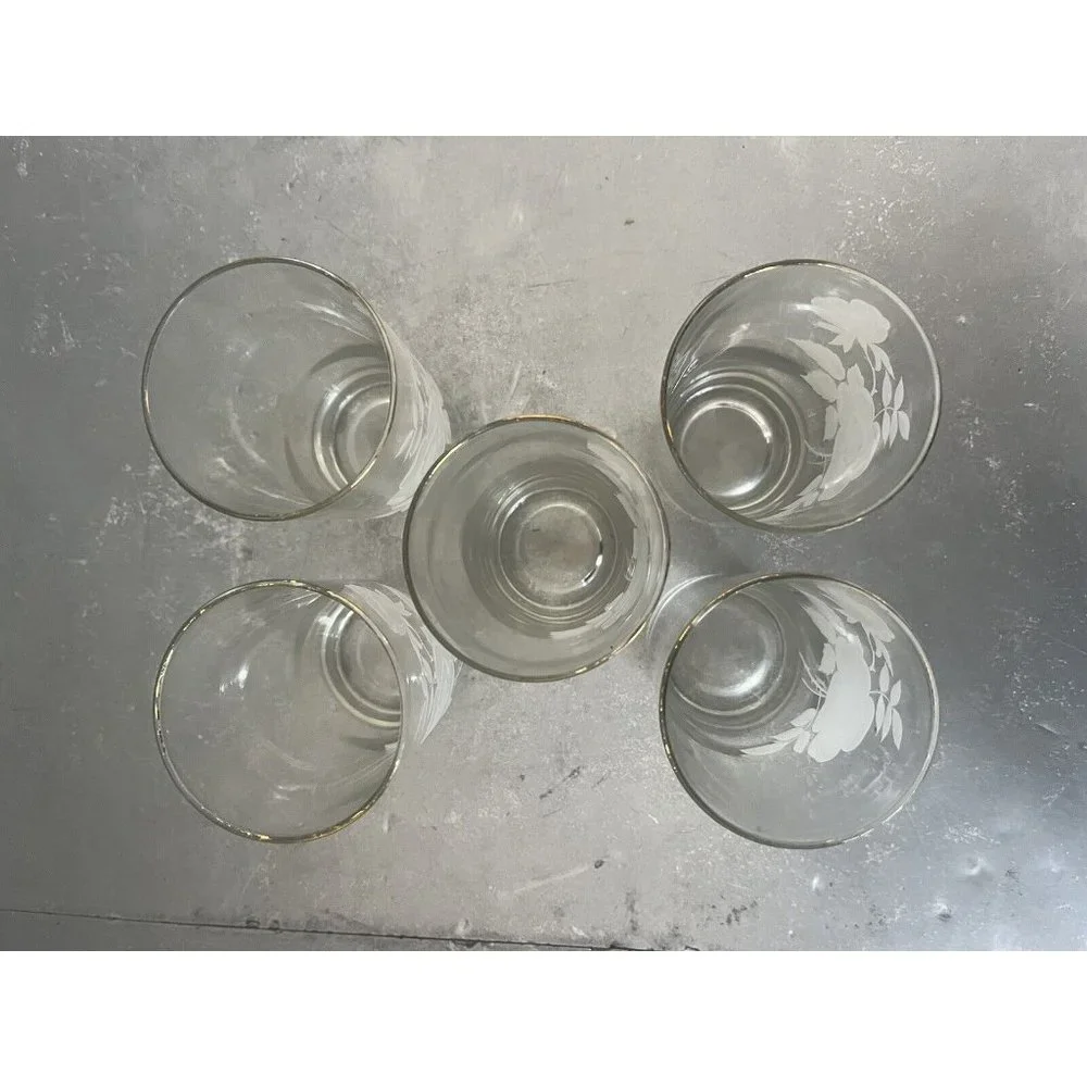 Vintage Wild Rose Floral Juice Glasses Gold Rim Tumblers Set of 5